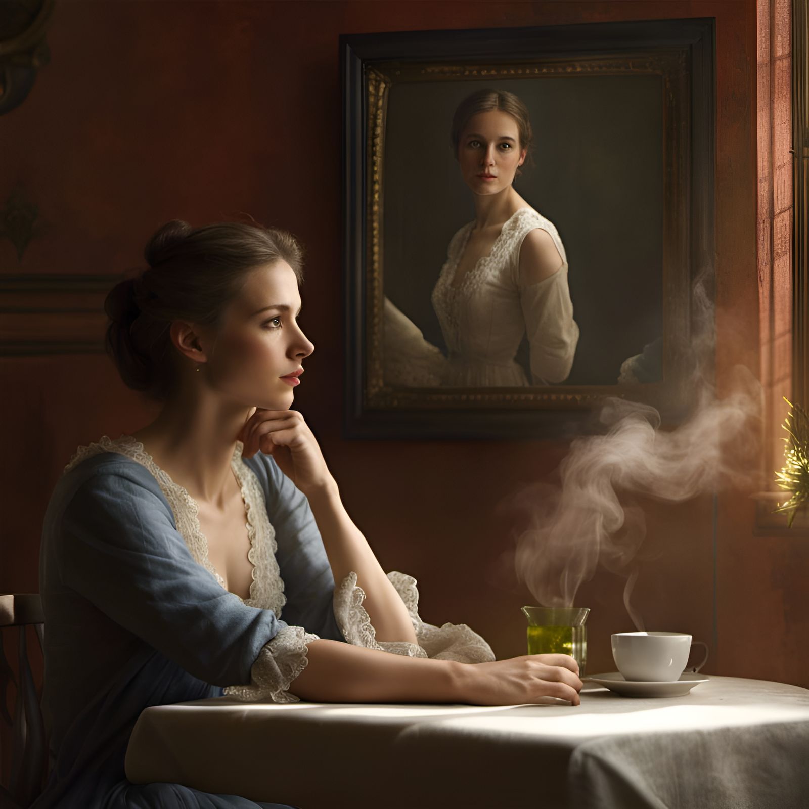 Beautiful Woman Having Tea: Photorealistic Portrait