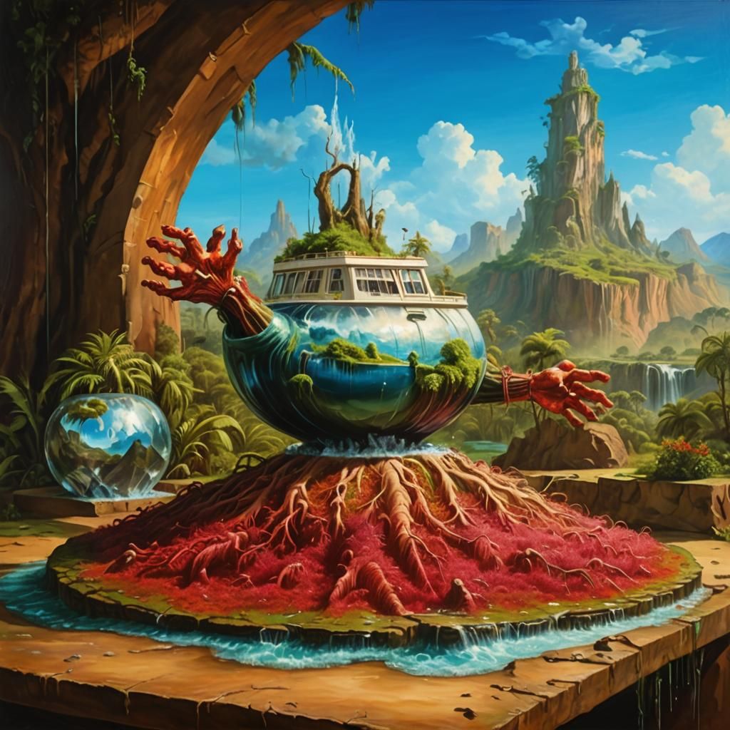 Surreal Anatomical Hand Landscape in Vivid Triadic Colors