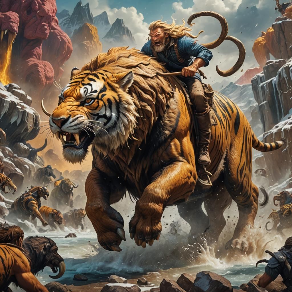 Sabretooth Tiger Rides Mammoth in Hyperrealistic Style