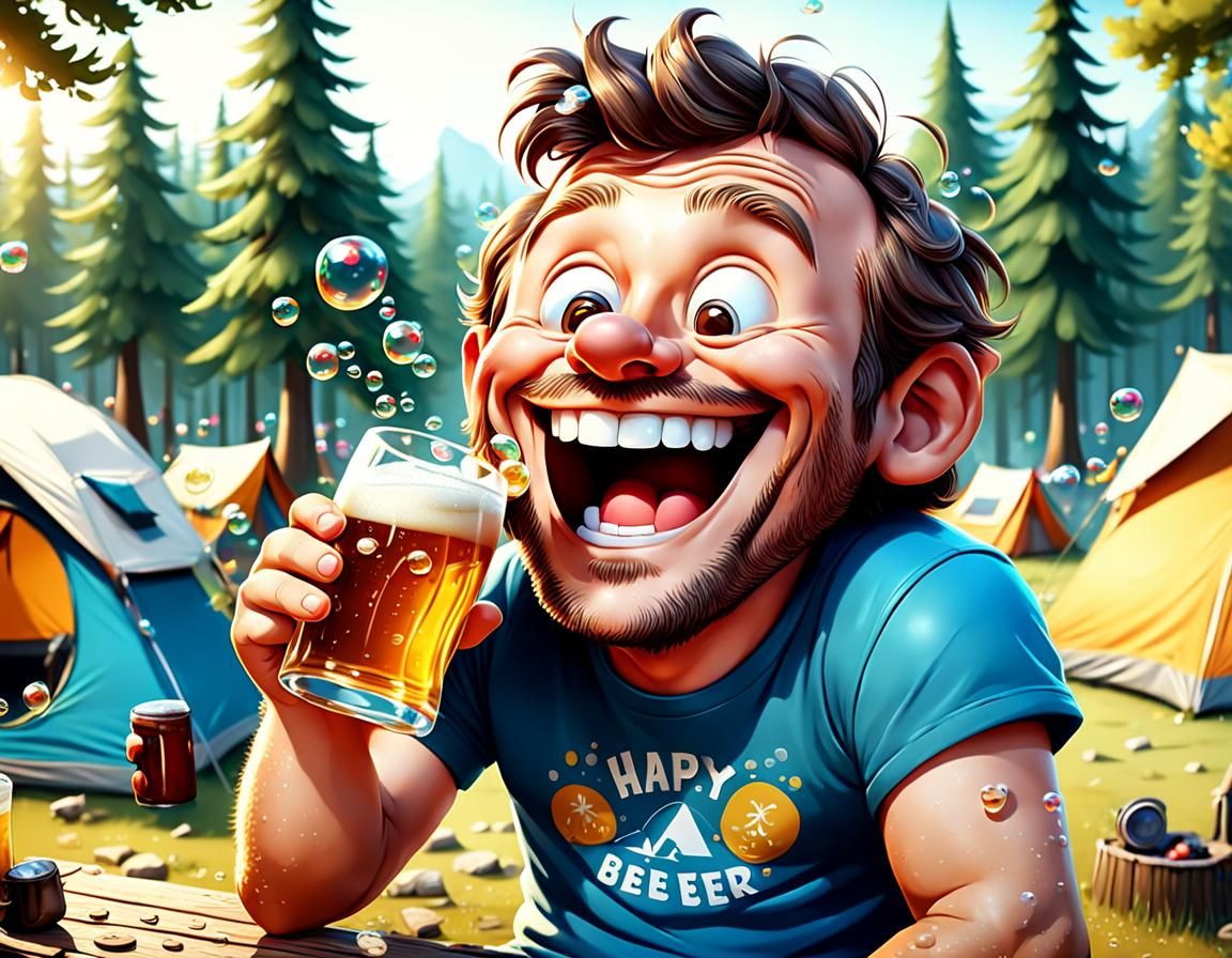 Happy Drunk Man at Campsite in Cartoon 3D Art