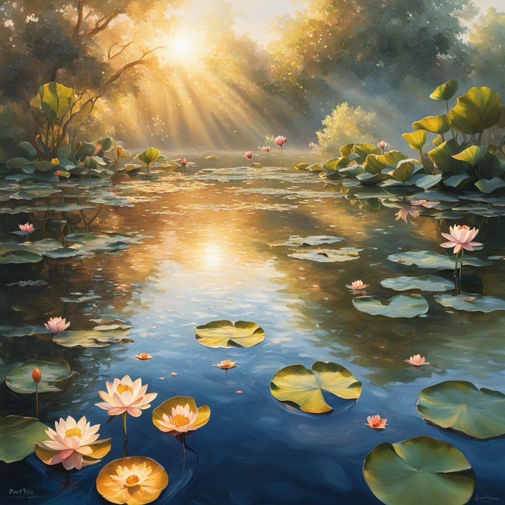 A peaceful pond scene with glowing lotus flowers floating on water.