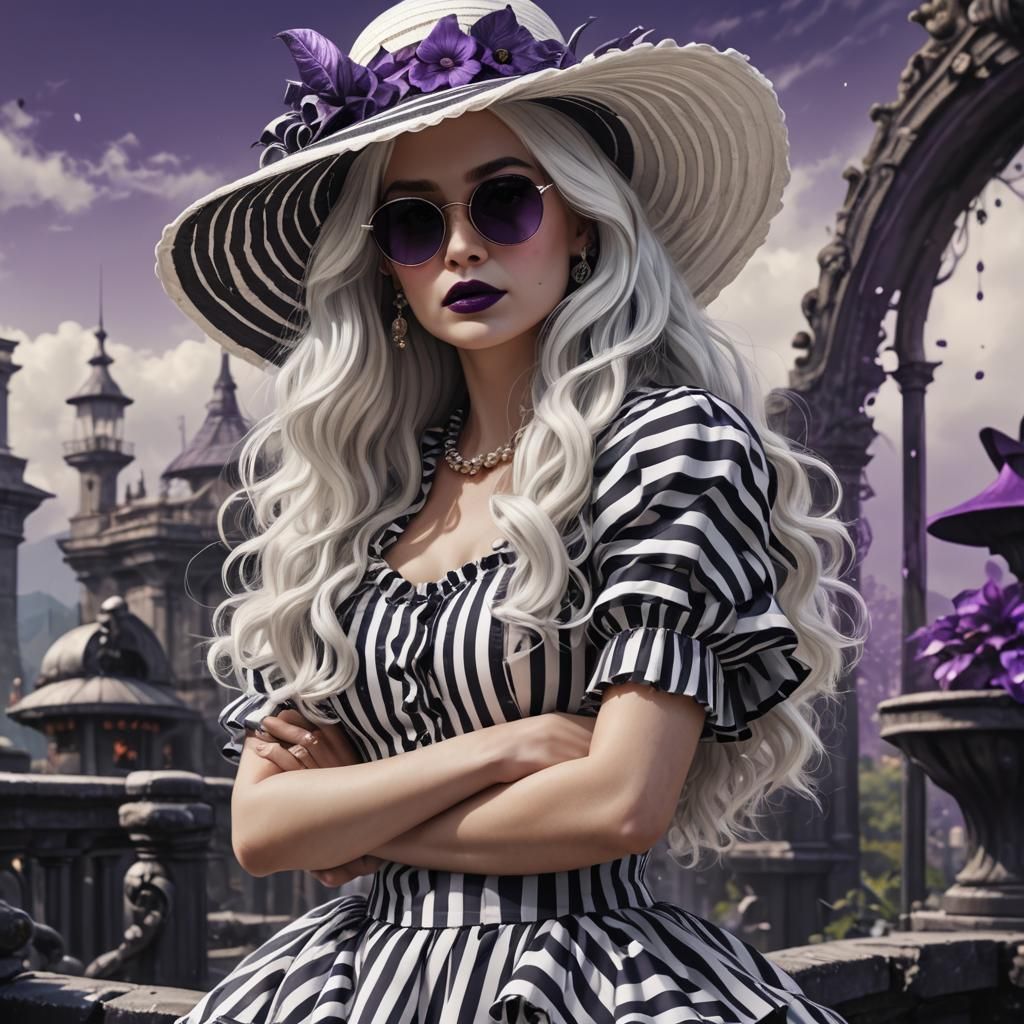 Elegant Woman in Striped Dress and White Hat