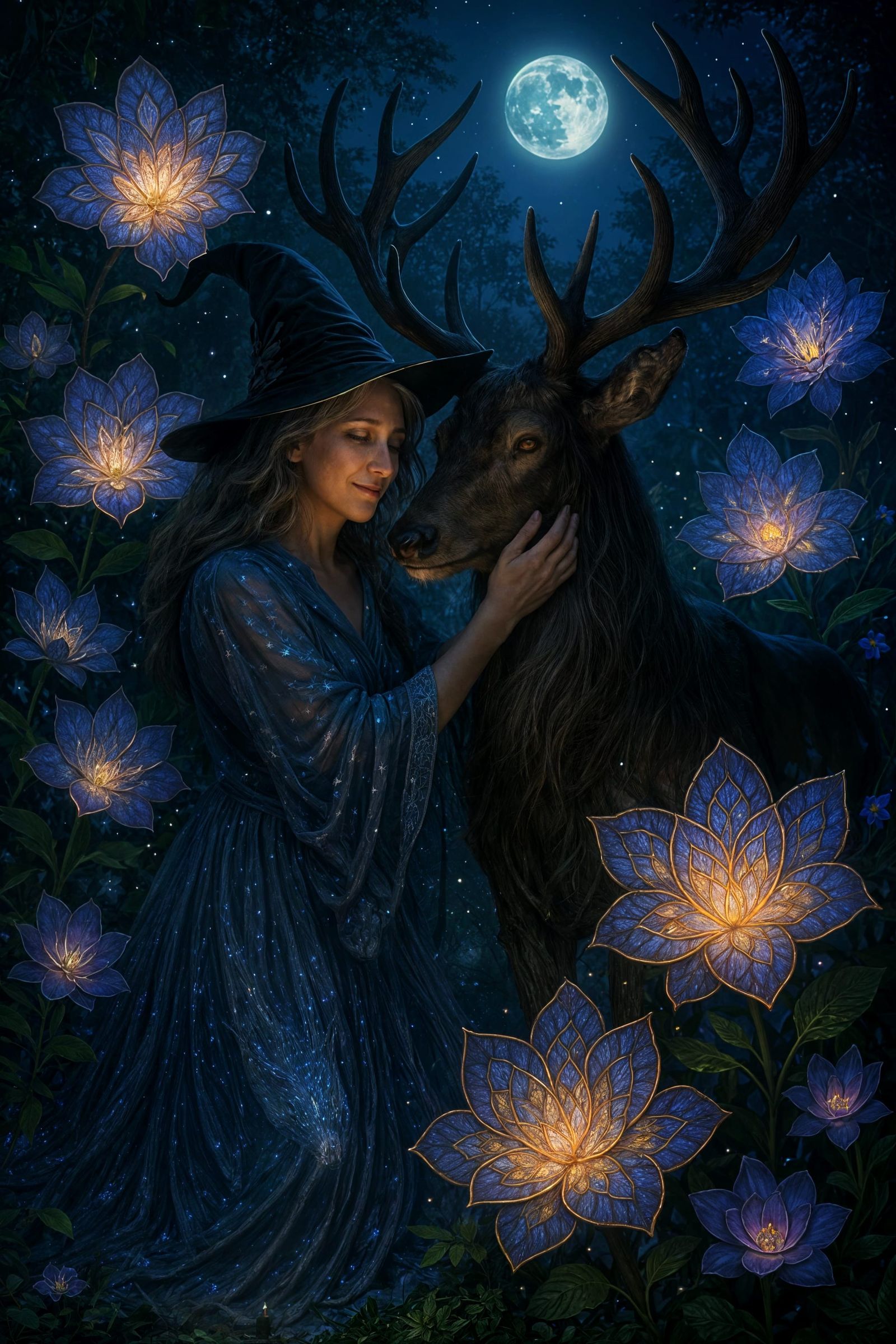 Mystical Witch and Stag Familiar in Moonlit Garden