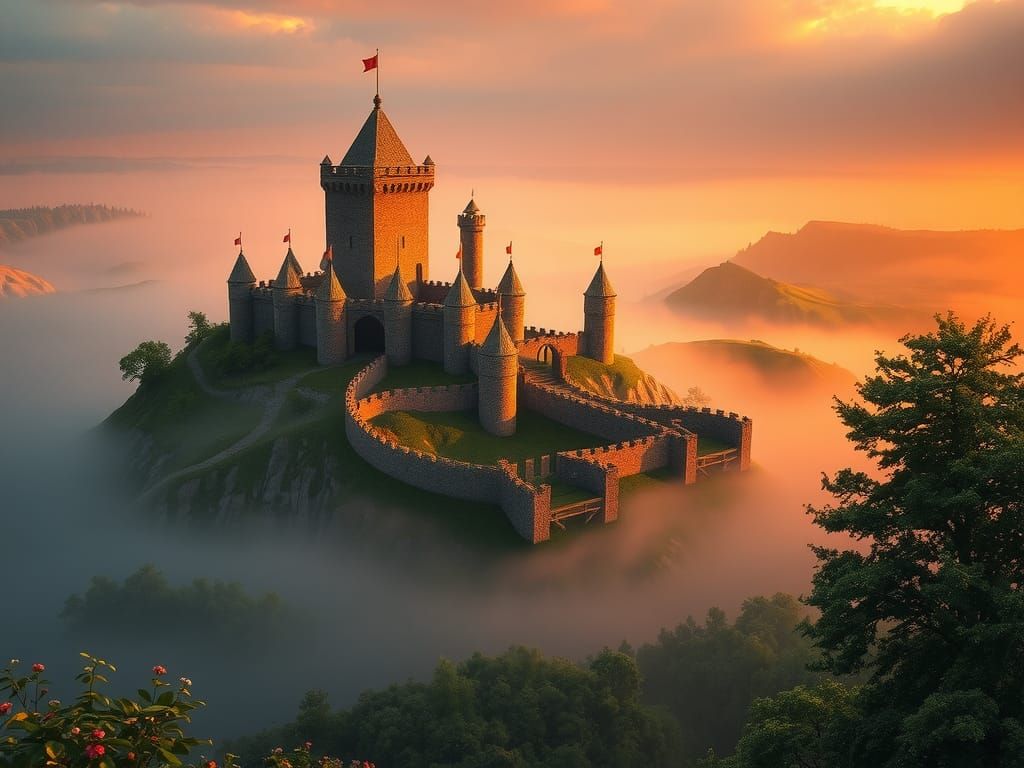 Motte and Bailey Castle in Dreamlike Landscape