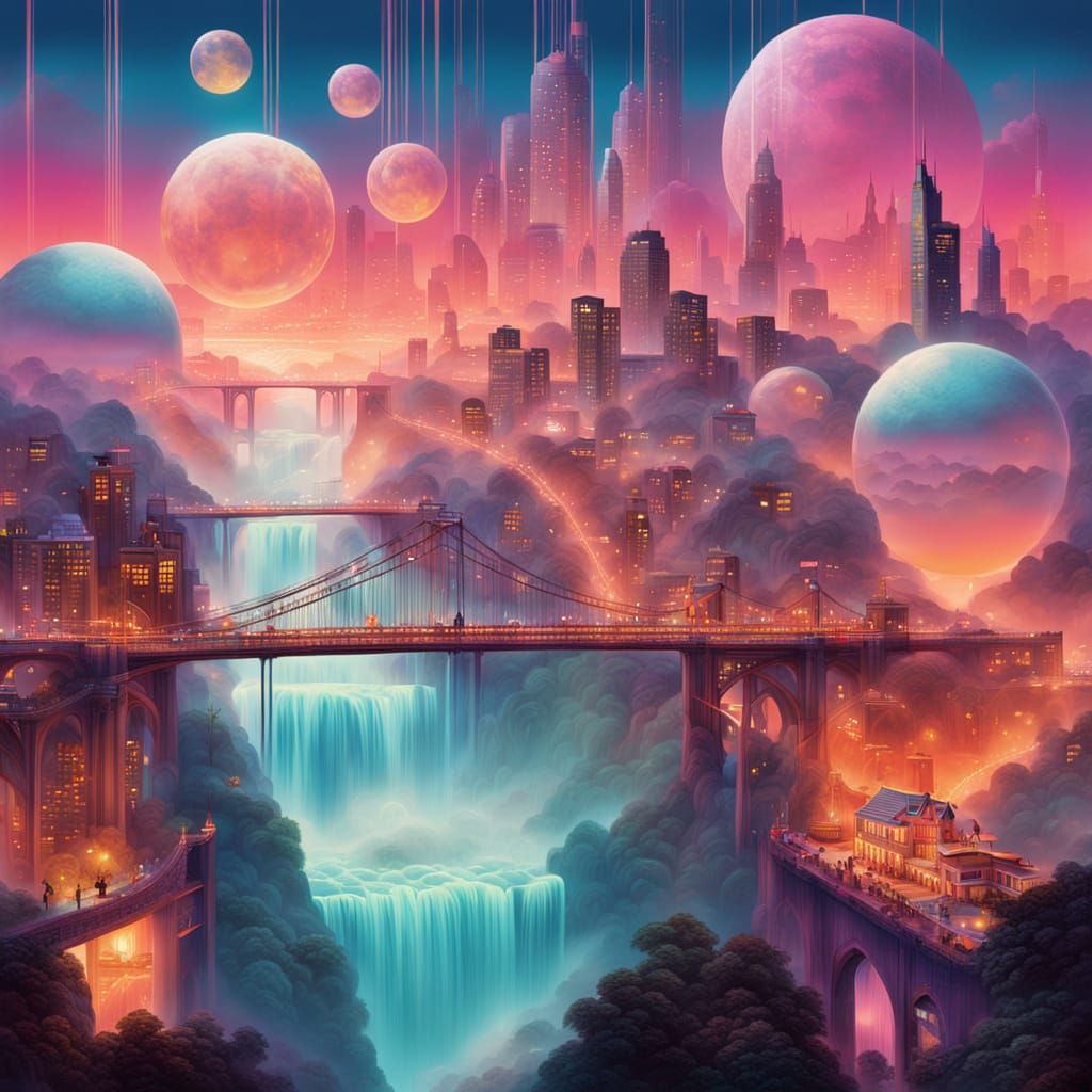 Surreal City Floating on Clouds with Waterfalls