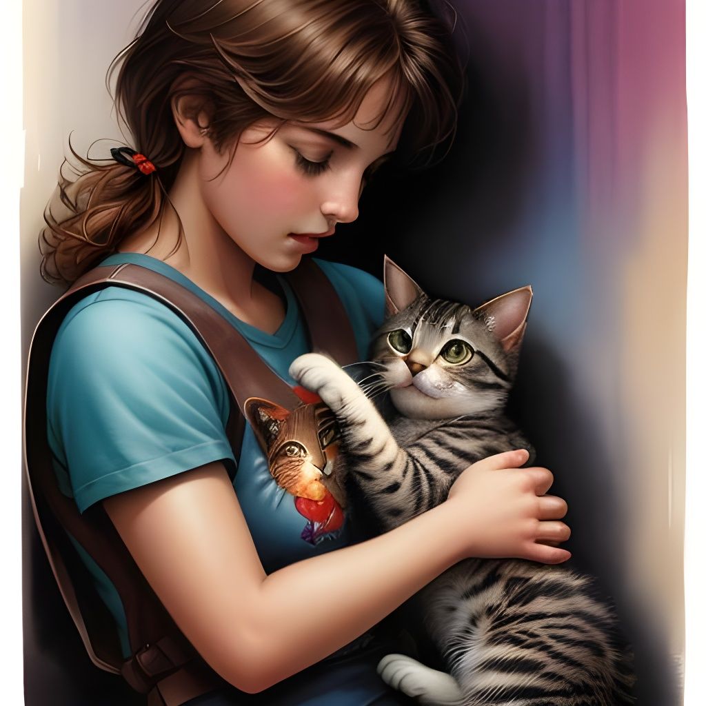 Adolescent and Kitten in Watercolor Comic Style