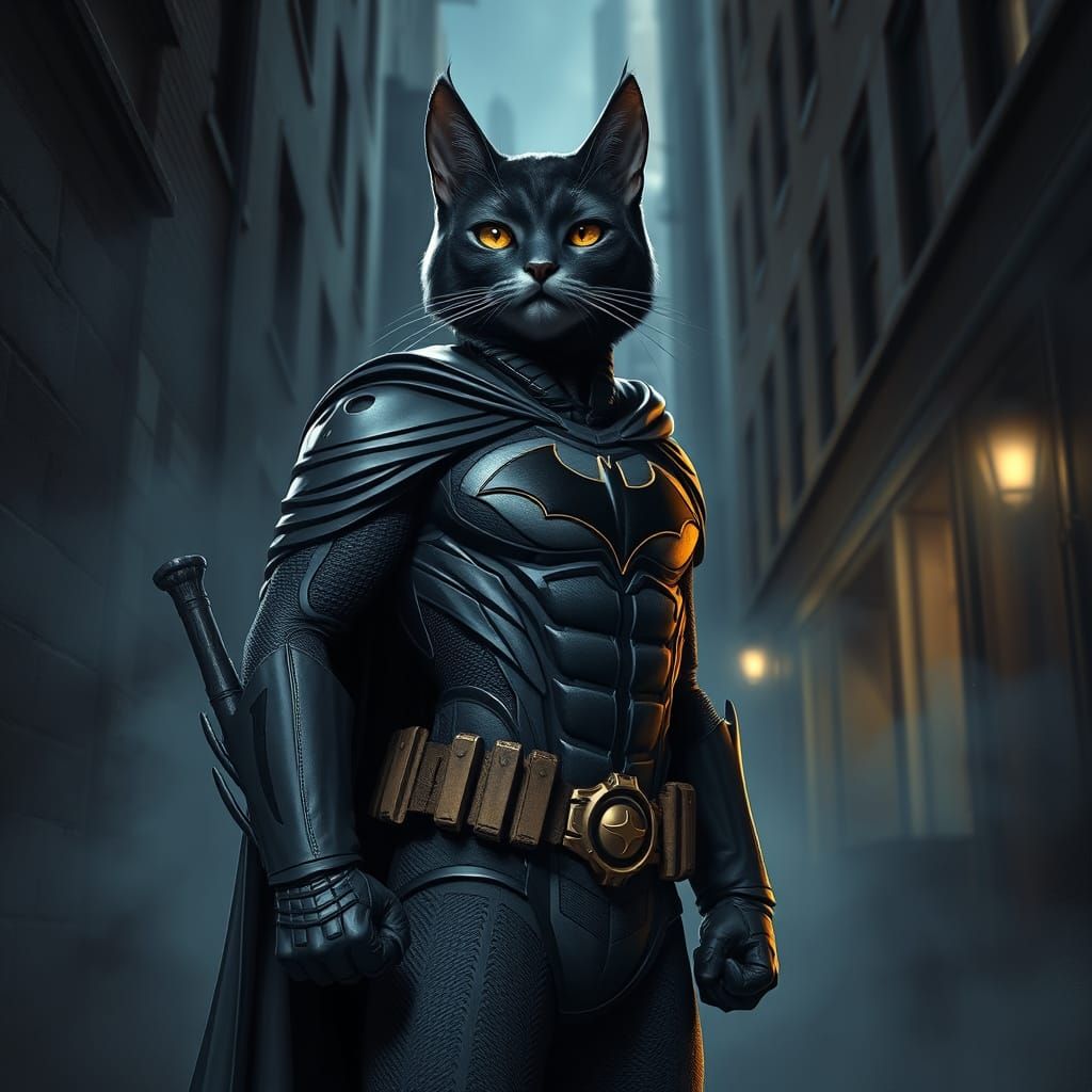 Heroic Cat in Batman Suit in Gotham Alley