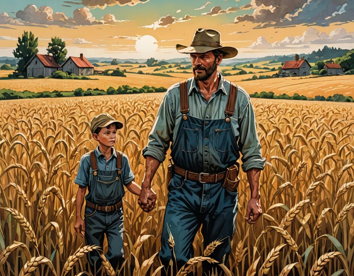 Father and Son in Wheat Field, Gouache Watercolor Style