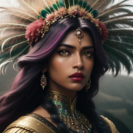 Cinematic Portrait of Woman with Peacock Feather Hair