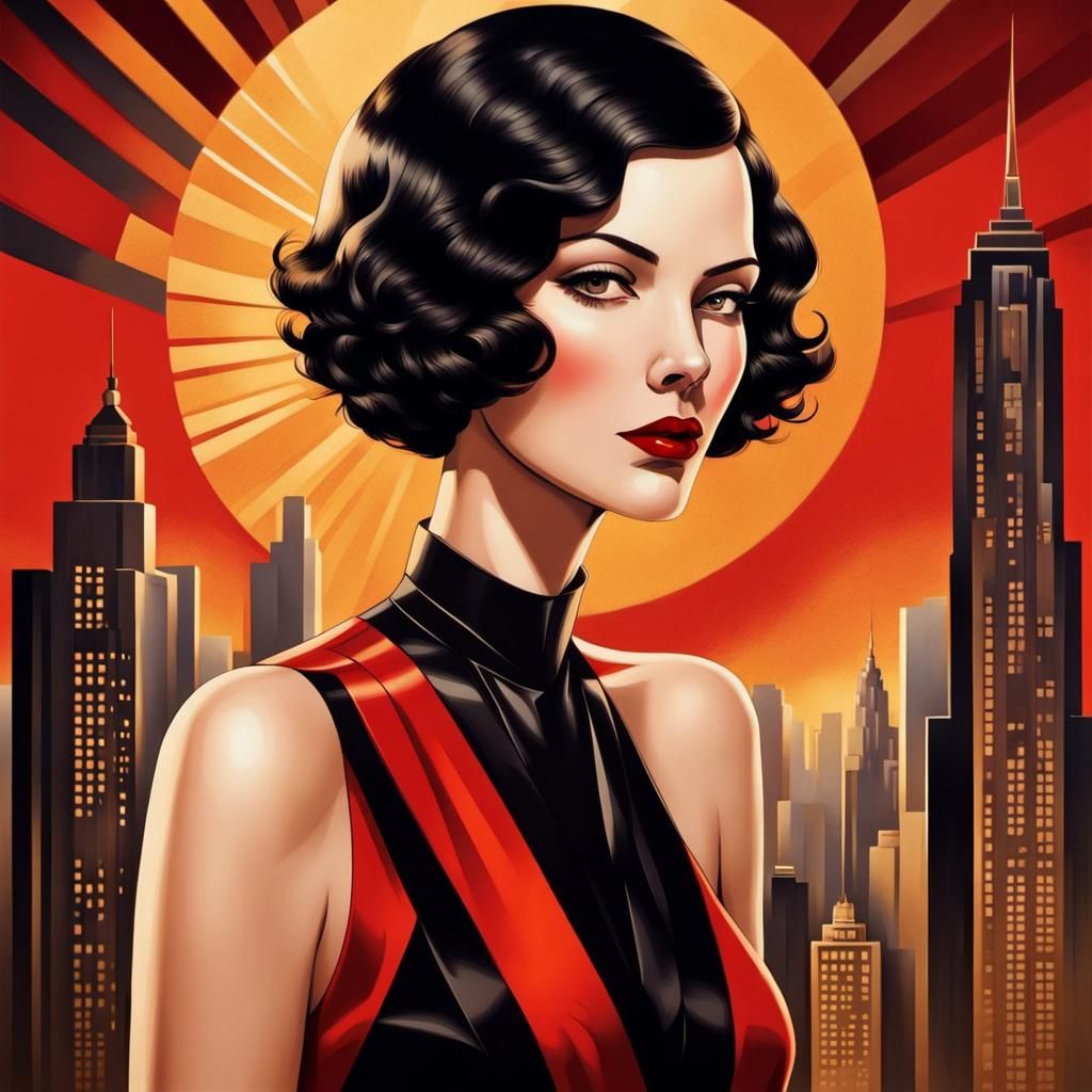Elegant Art Deco Woman Portrait with Cityscape