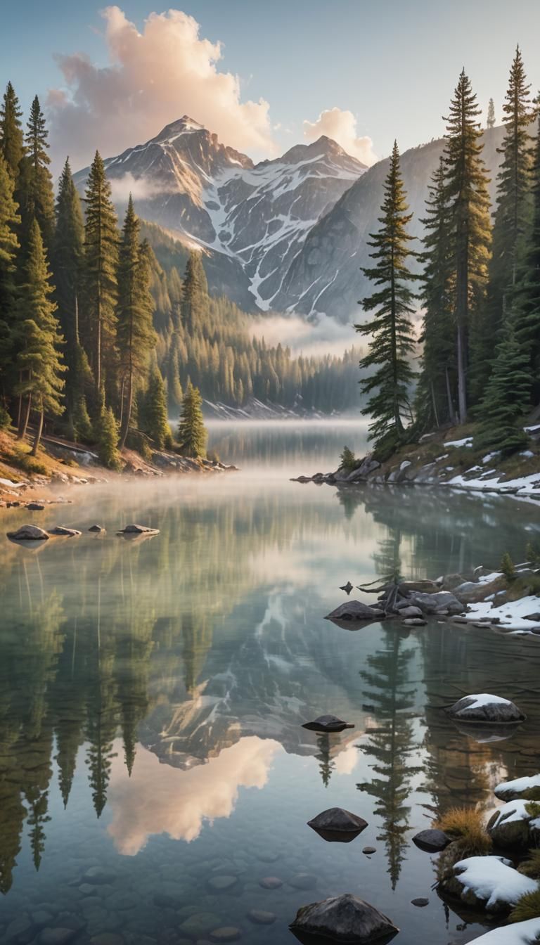 Tranquil Mountain Lake at Sunrise with Pastel Sky