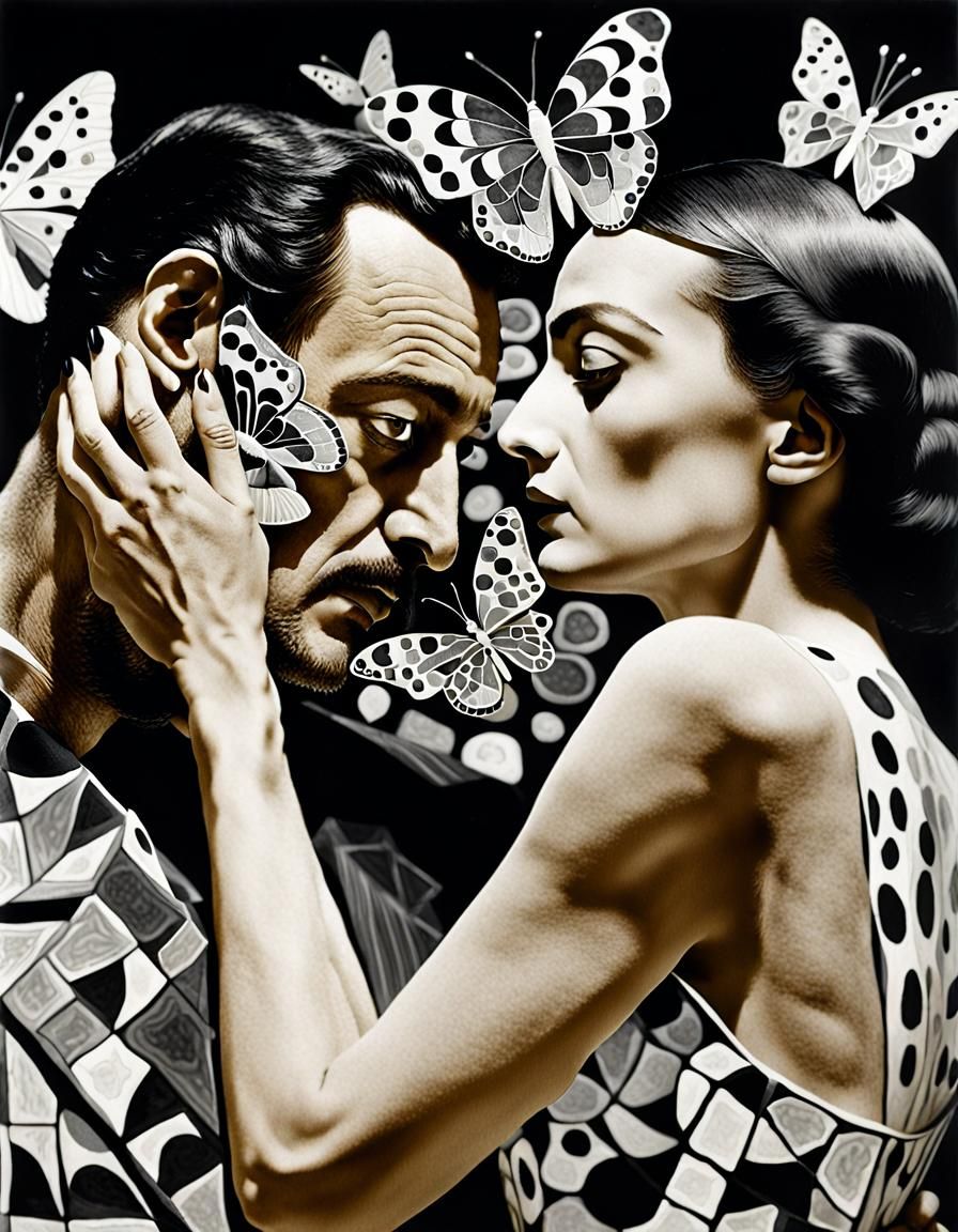 Lovers in Butterfly Dreamscape: Surrealist Black and White A...