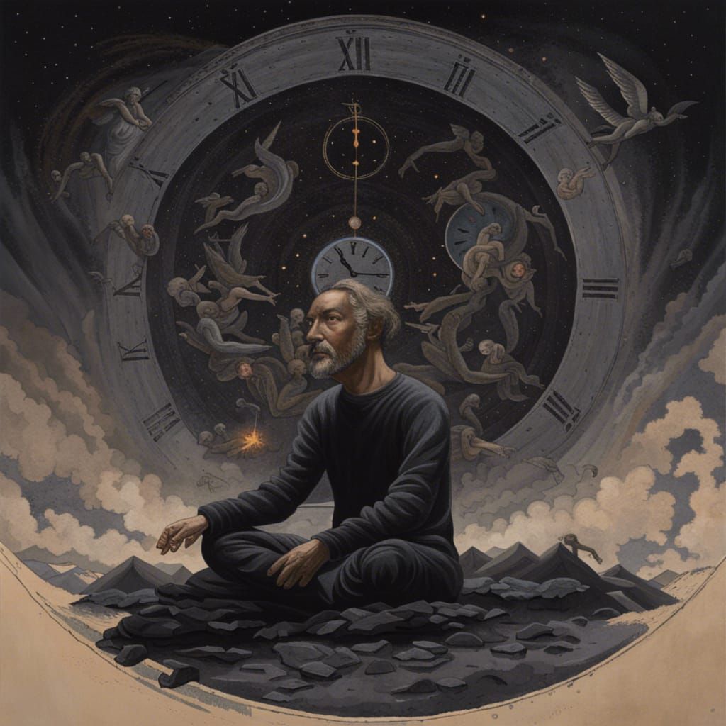 Meditating Man Amidst Angels, Demons and Galaxy