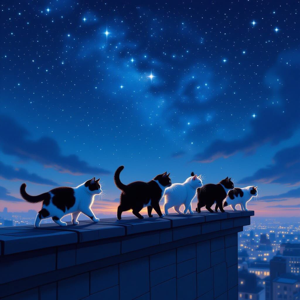 Cats on Rooftop Under Starry Night Sky