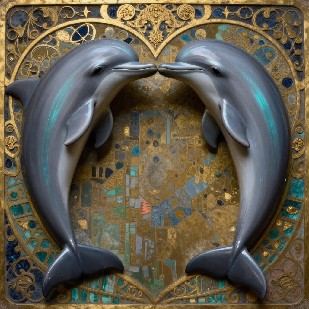 Art Nouveau Dolphins Form Heart Shape in Metallic Glow