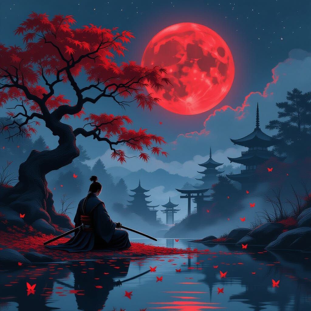 Samurai Meditation Under Crimson Moon