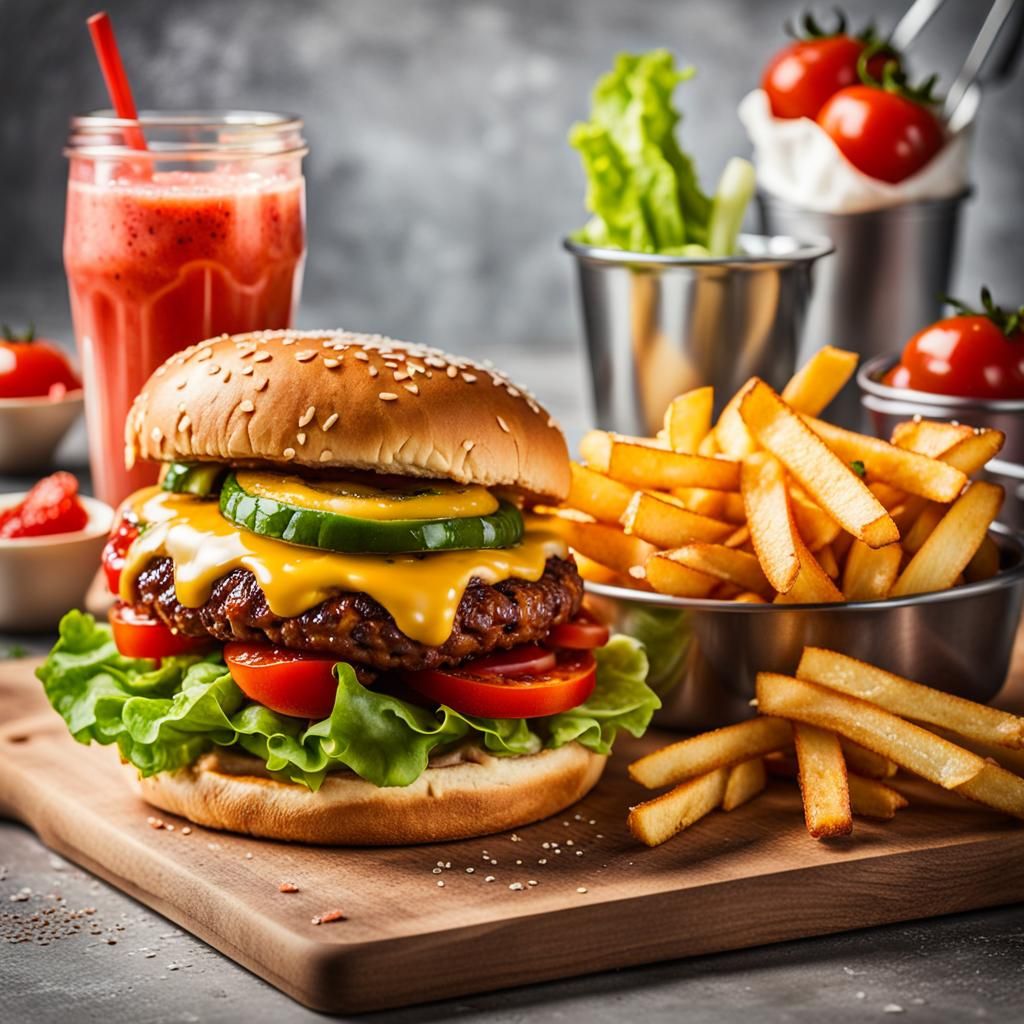 Savory Burger Delights with Fresh Fries and Strawberry Treat