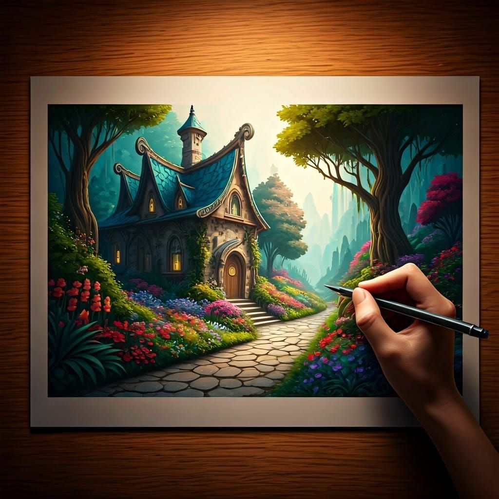 Drawing a Fairy-Tale House in a Blooming Garden