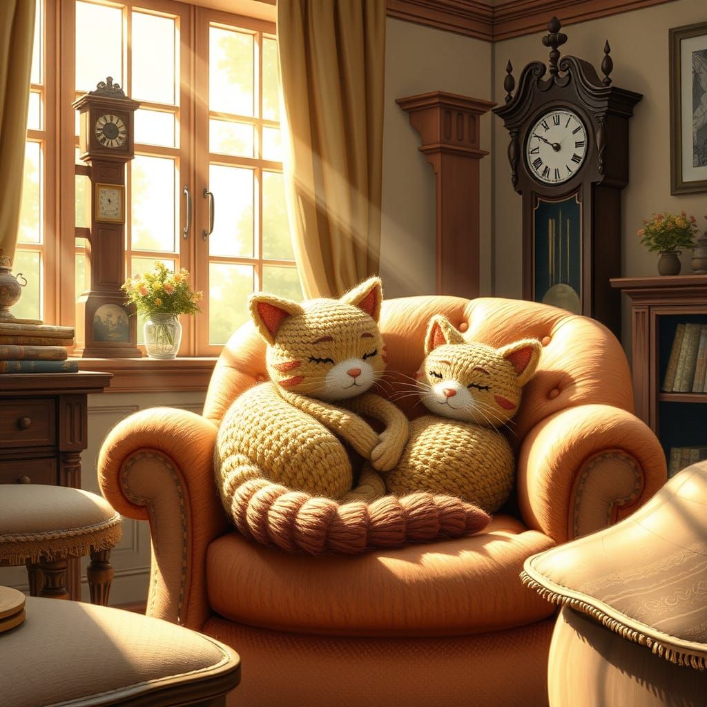 Amigurumi Cat's Dream in Cozy Storybook Scene