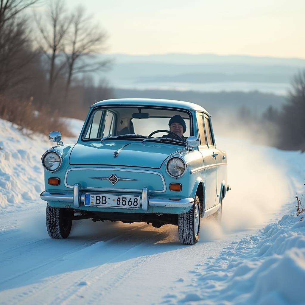 Sleek Pale Blue Trabant 601 Speeds Through Snowy Winter Land...