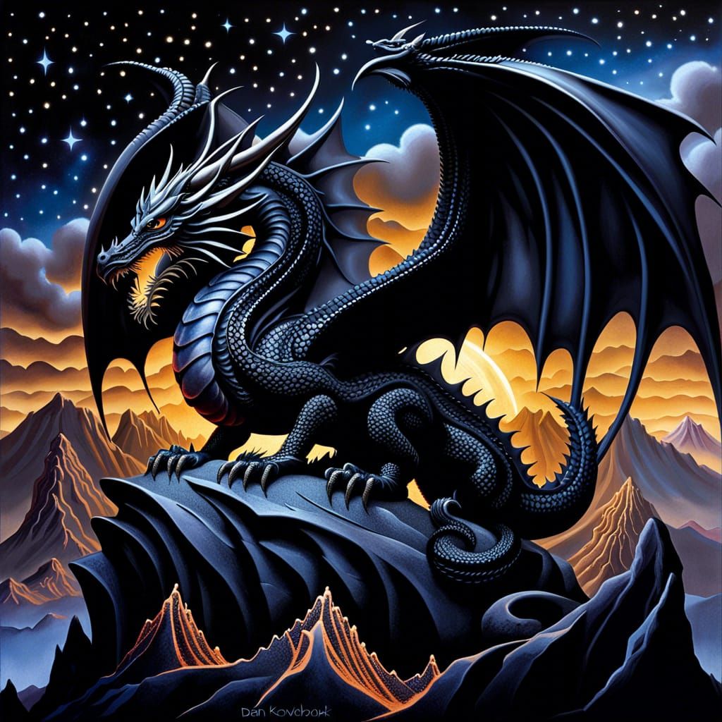 Obsidian Dragon on Volcano at Night
