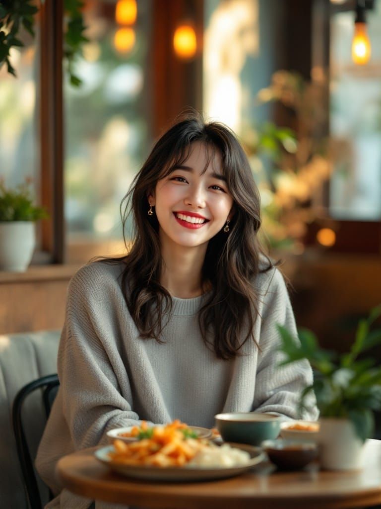 Joyful Korean Woman Laughing in Cozy Cafe