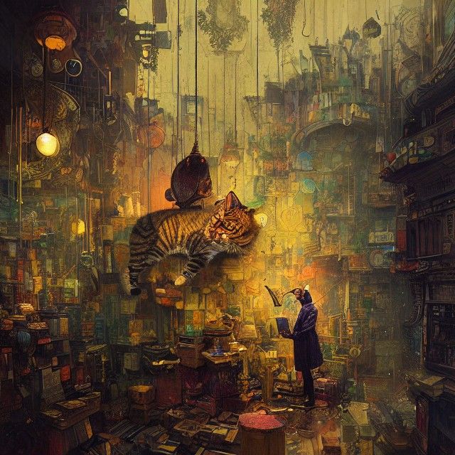 Magician Cat Inspects Ornaments, Fantasy Art