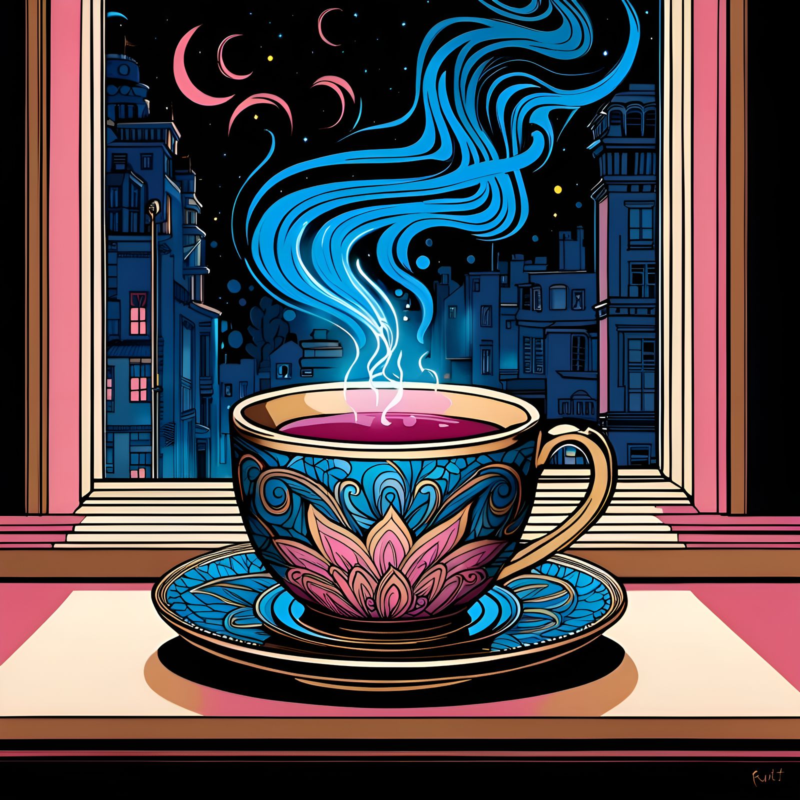 Intricate Line Art: Tea Mug Dreamcore Illustration