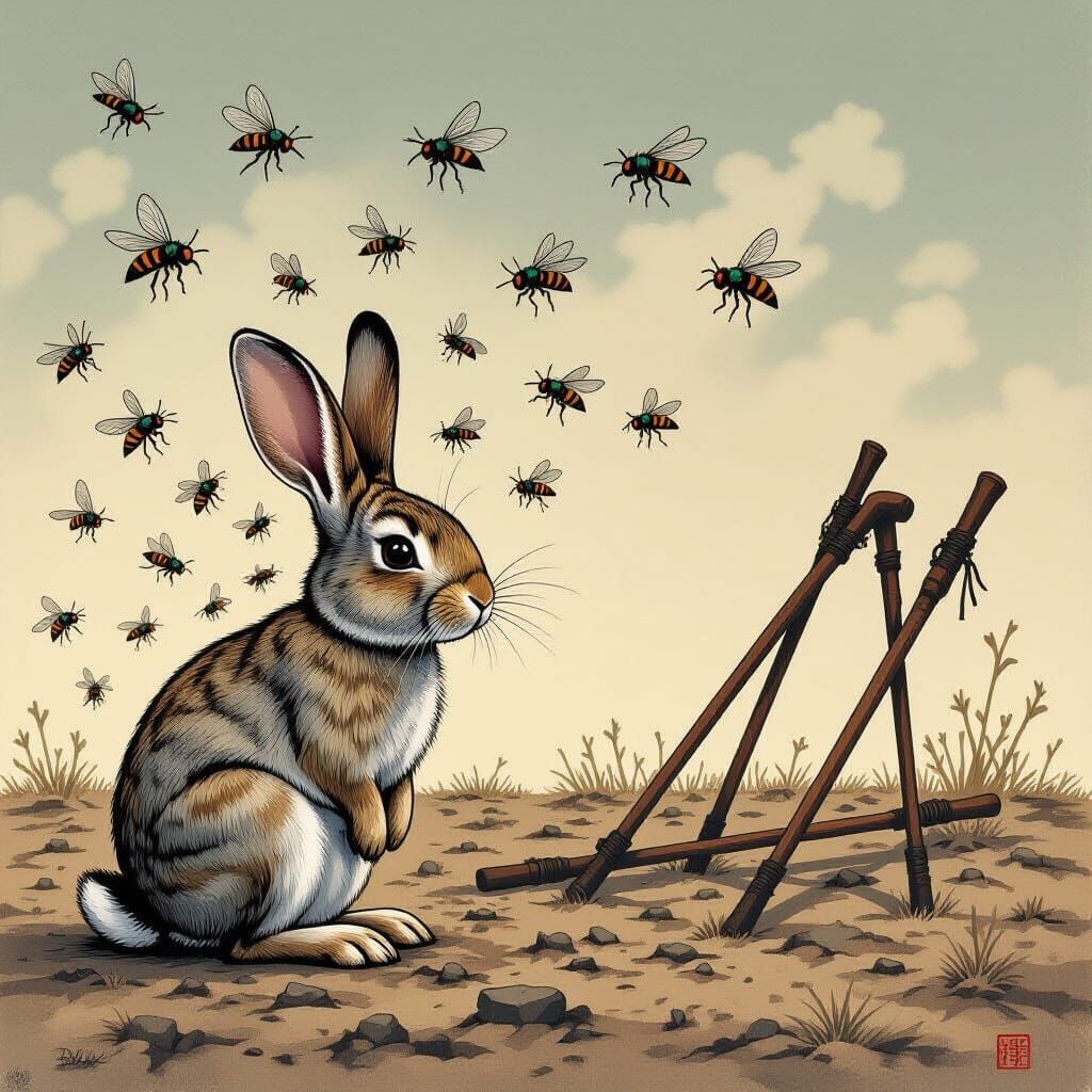 Surreal Rabbit Swarmed by Grief Flies
