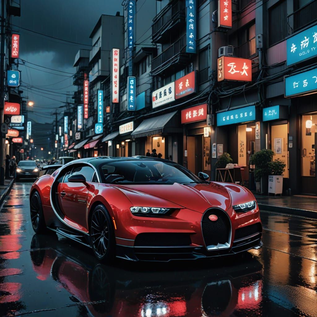 Bugatti Drifts Through Neon Kyoto Streets at Night
