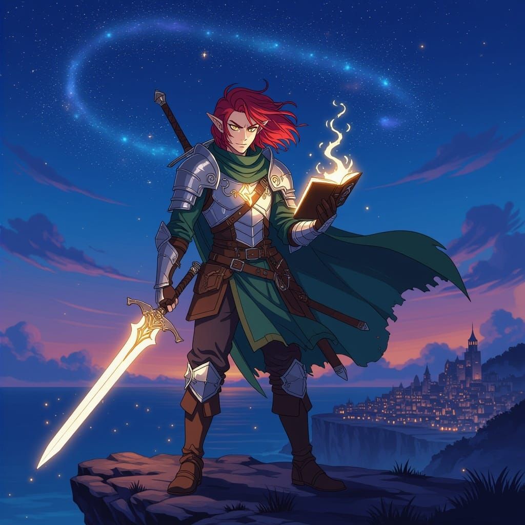 Half-Elf Knight on Cliff, Anime Style