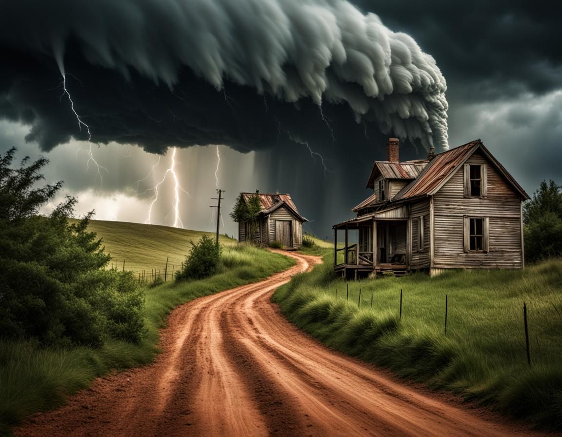 tornado coming down the path of a dirt road towards the small clad house on the hill