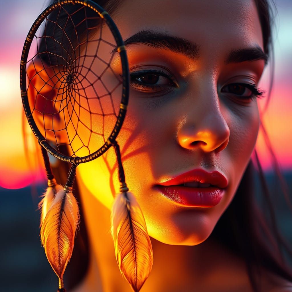 Woman with Dream Catcher in Futuristic Sunset