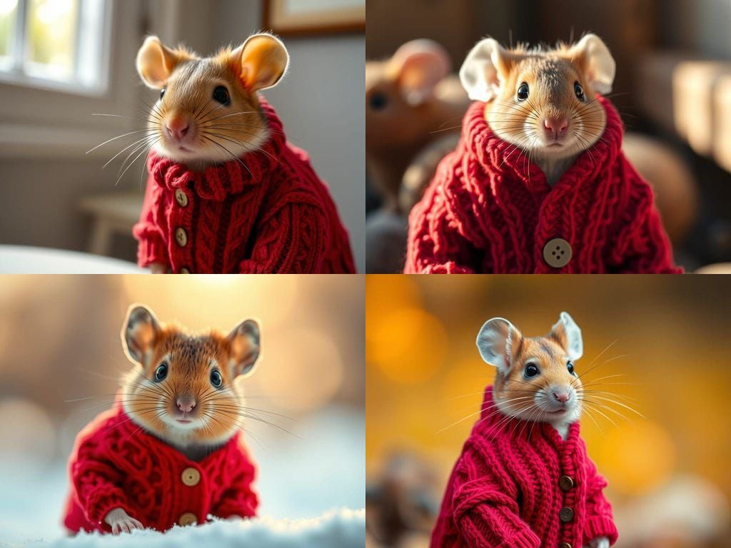 Charming Mouse Wears Red Cableknit Sweater in Studio Setting