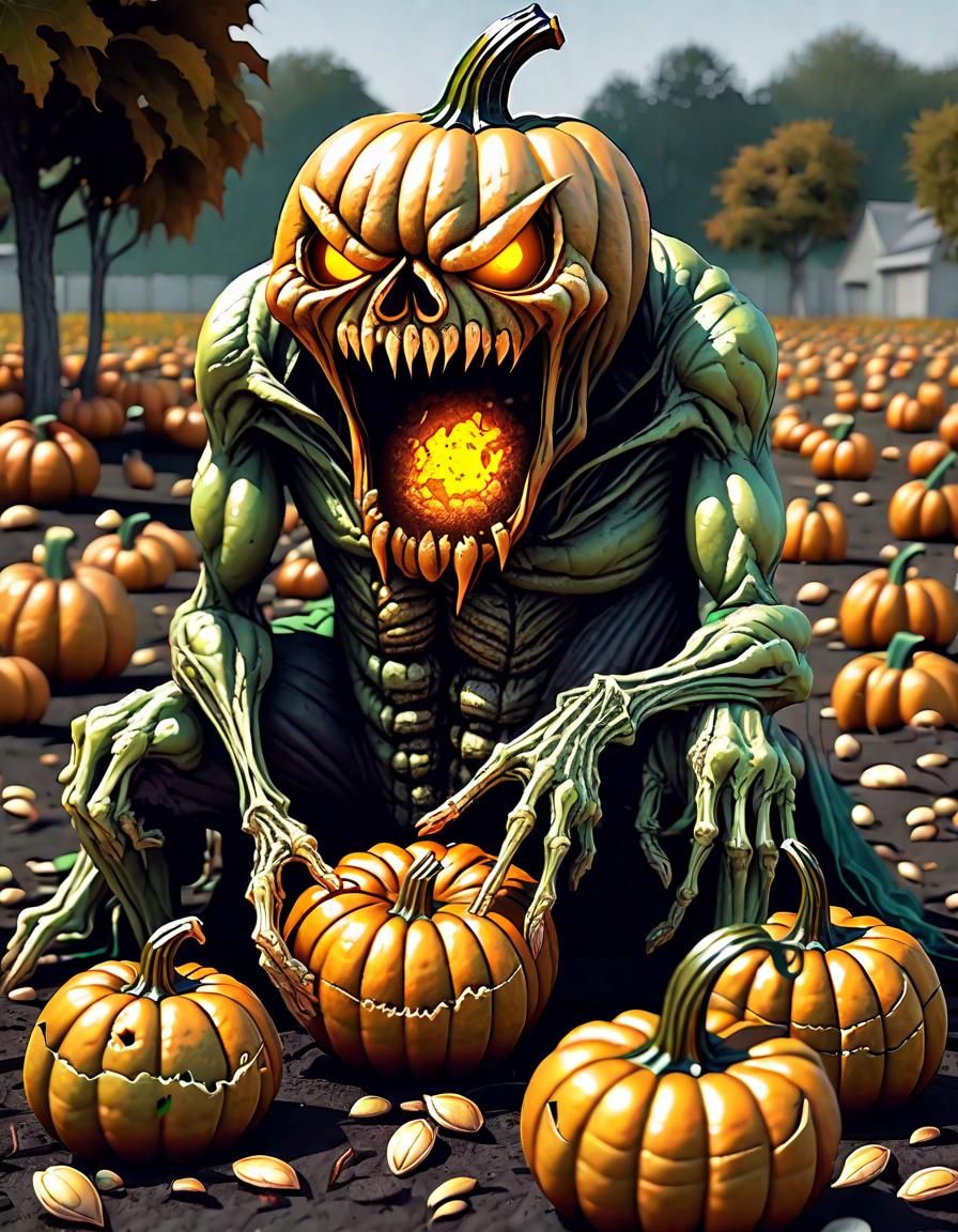 Detailed Undead Pumpkin Monster in Patch