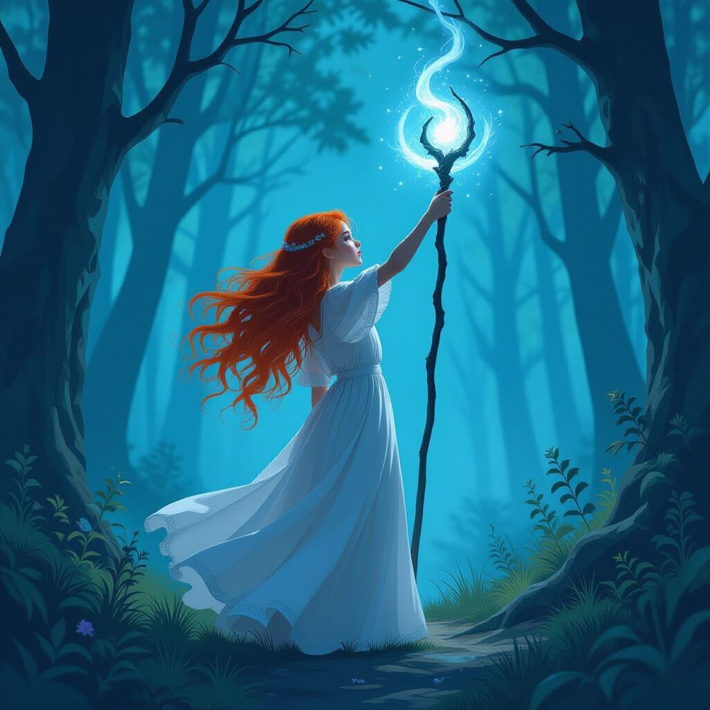Girl with Lunar Staff at Forest Edge