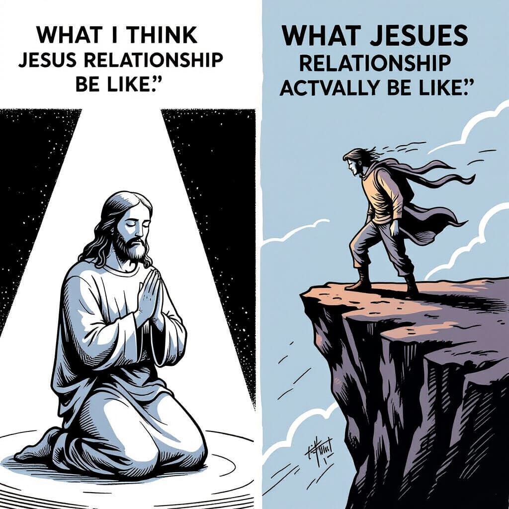 Split Screen Comic: Divine vs. Reality in Gary Larson Style