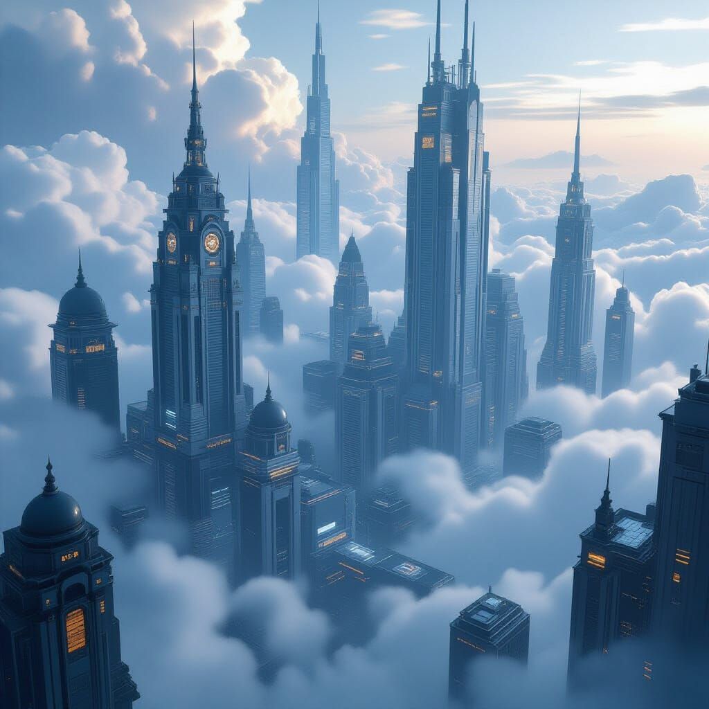 Cyberpunk Gothic City Penthouses Pierce Cloudy Skies