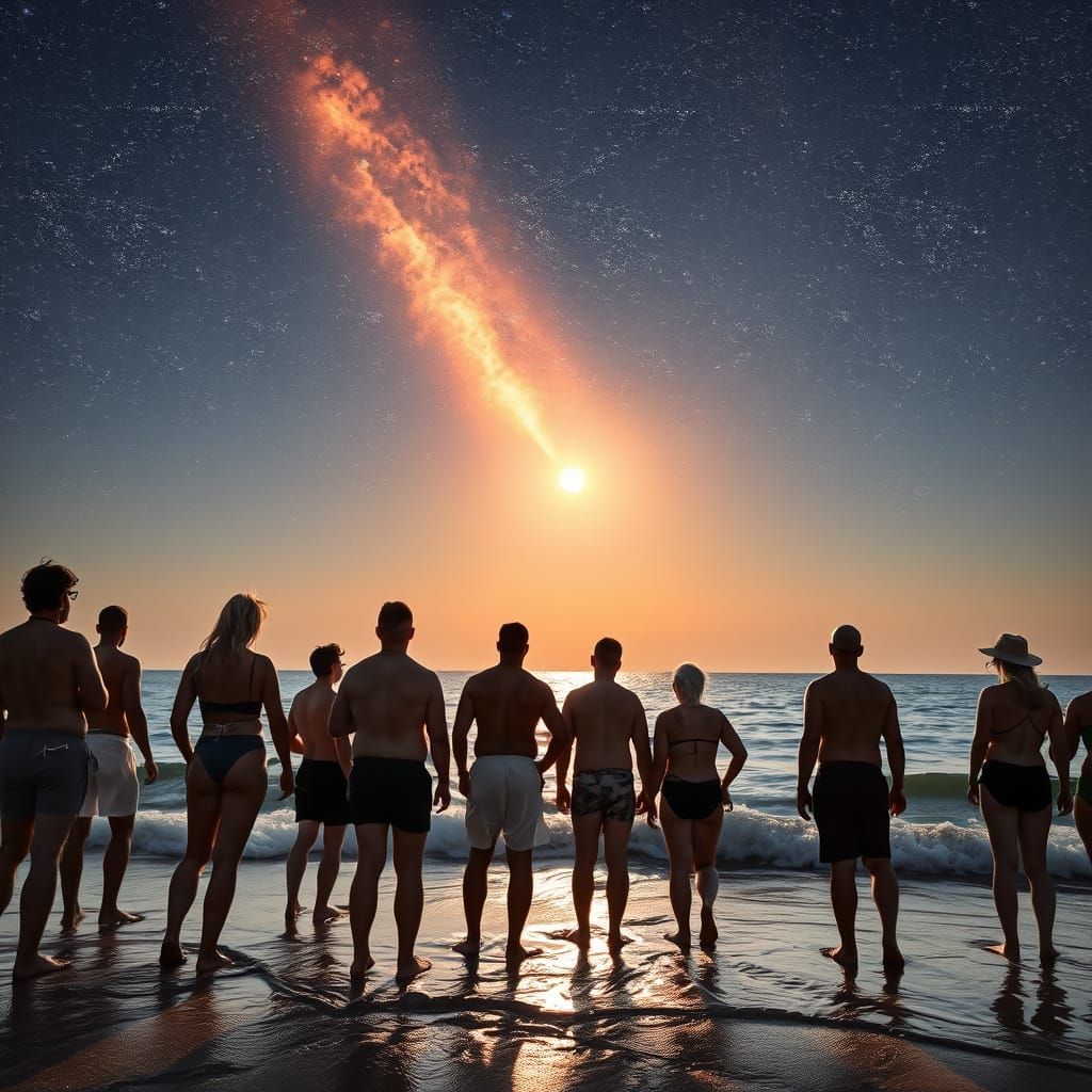 Thrilling Scene of People on Beach Watching Burning Satellit...