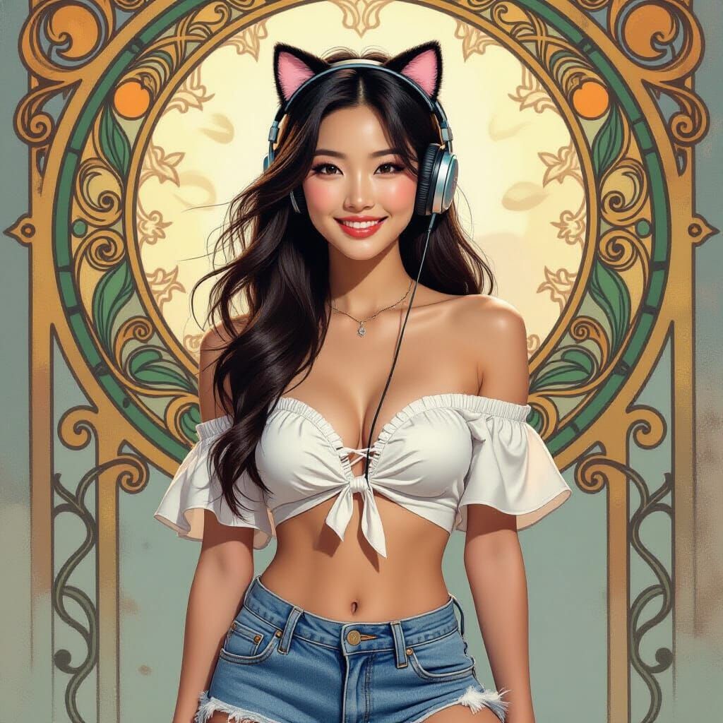 Asian Woman with Kitty Headphones, Photorealistic Style