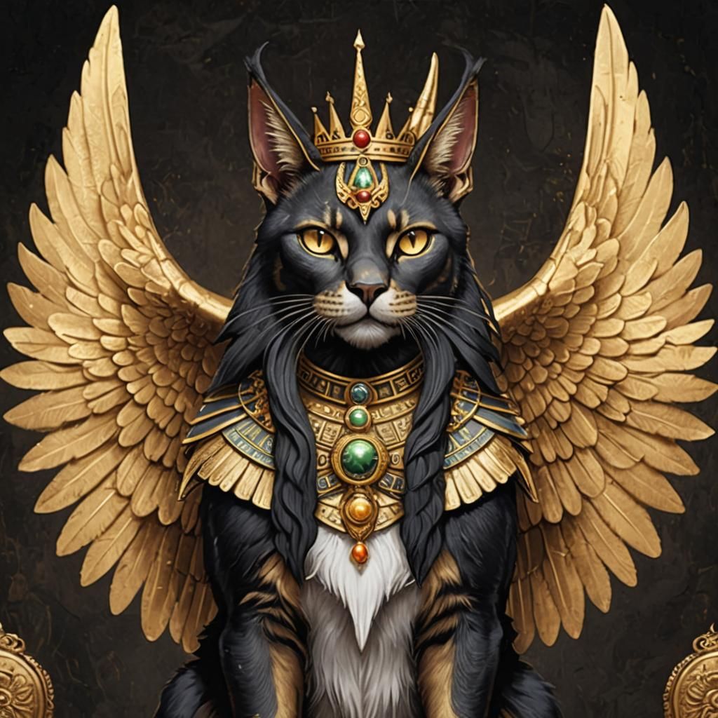 Anubis Cat with Golden Crown and Gothic Wings