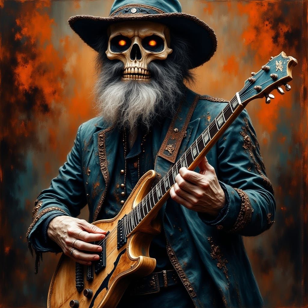 Grinning Skull Guitarist in Smokey Grunge Style