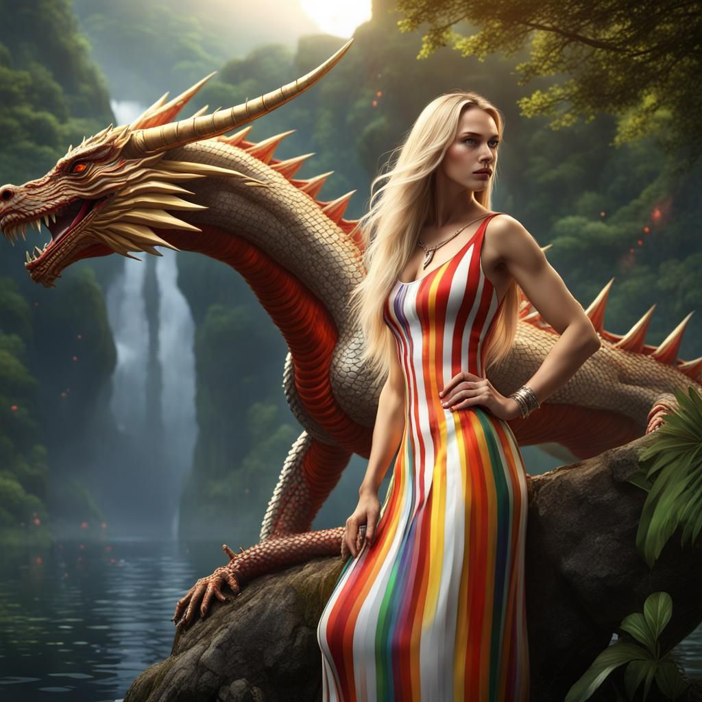 Woman and Dragon in a Fantastical Jungle