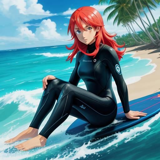 Female Surfer on Tropical Beach in Anime Style