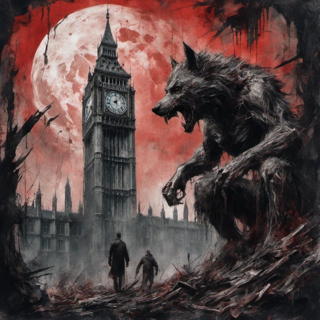 Big Ben with Werewolf in Gouache Style