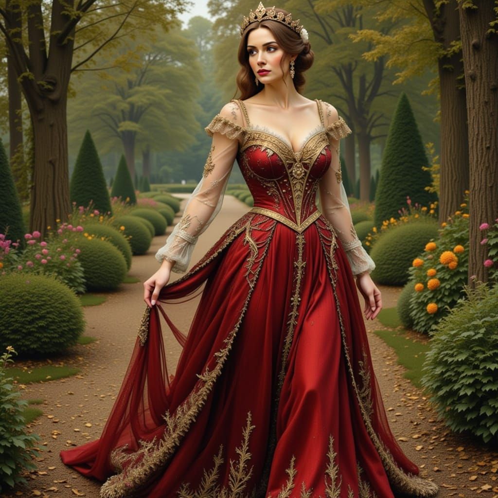 Woman walking in a garden in a sweeping elegant baroque gown...