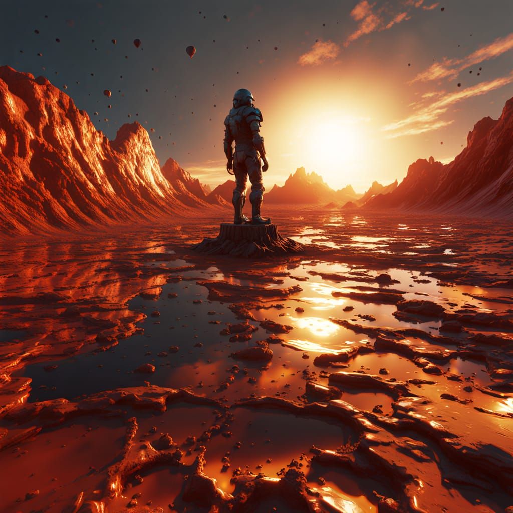 "On a scorched alien planet orbiting a bloated, dying sun, a humanoid marble statue stands half-submerged in a cracked, ...