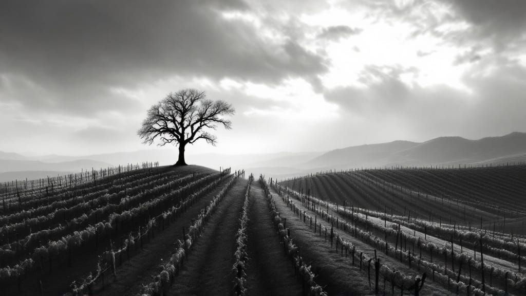 Serene Vineyard Landscape with Lone Tree in Grayscale