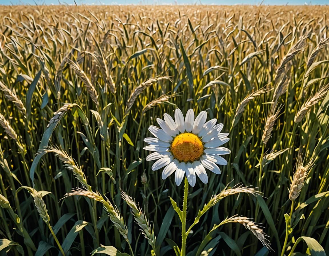 Lone Daisy in Wheat Field: Surreal Digital Art