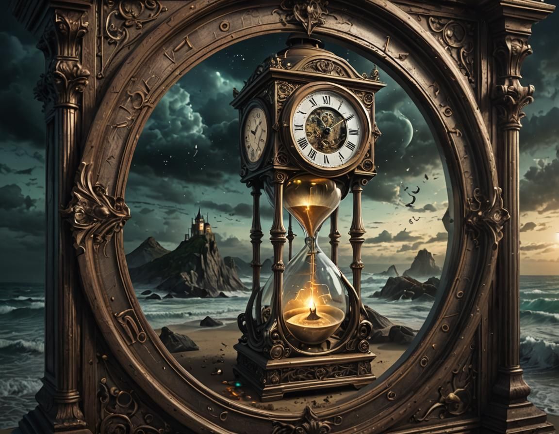 Surreal Time Fusion: Hourglass, Clock, Digital Art